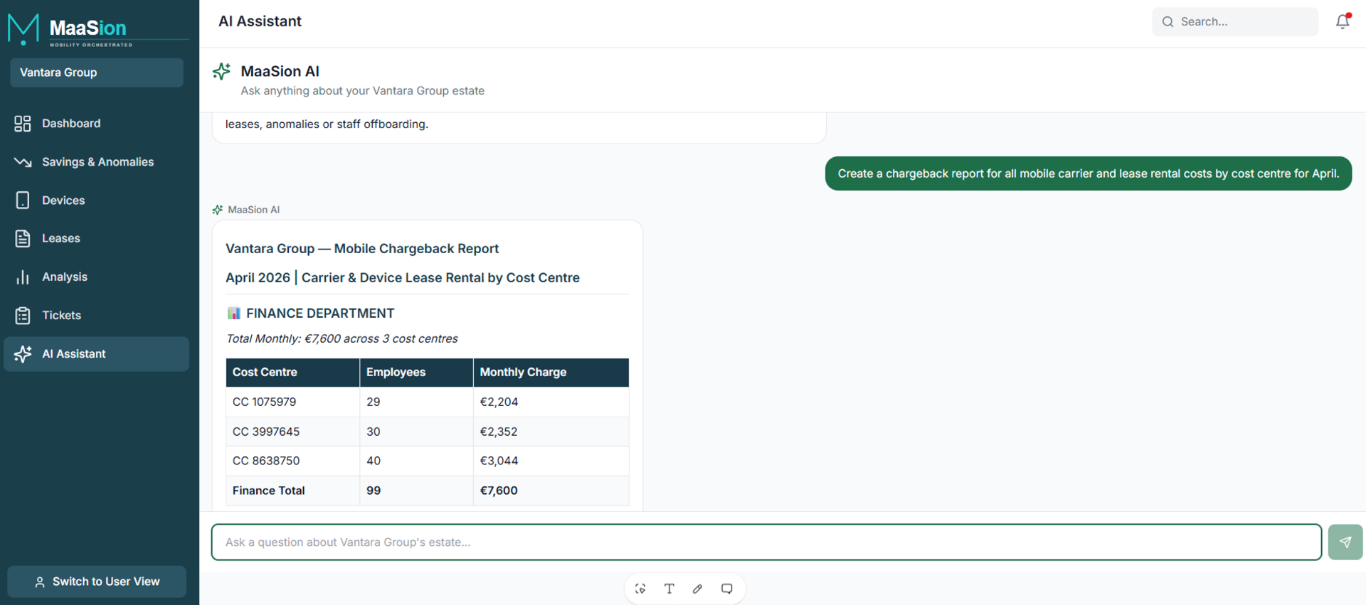 MaaSion AI Assistant generating a chargeback report