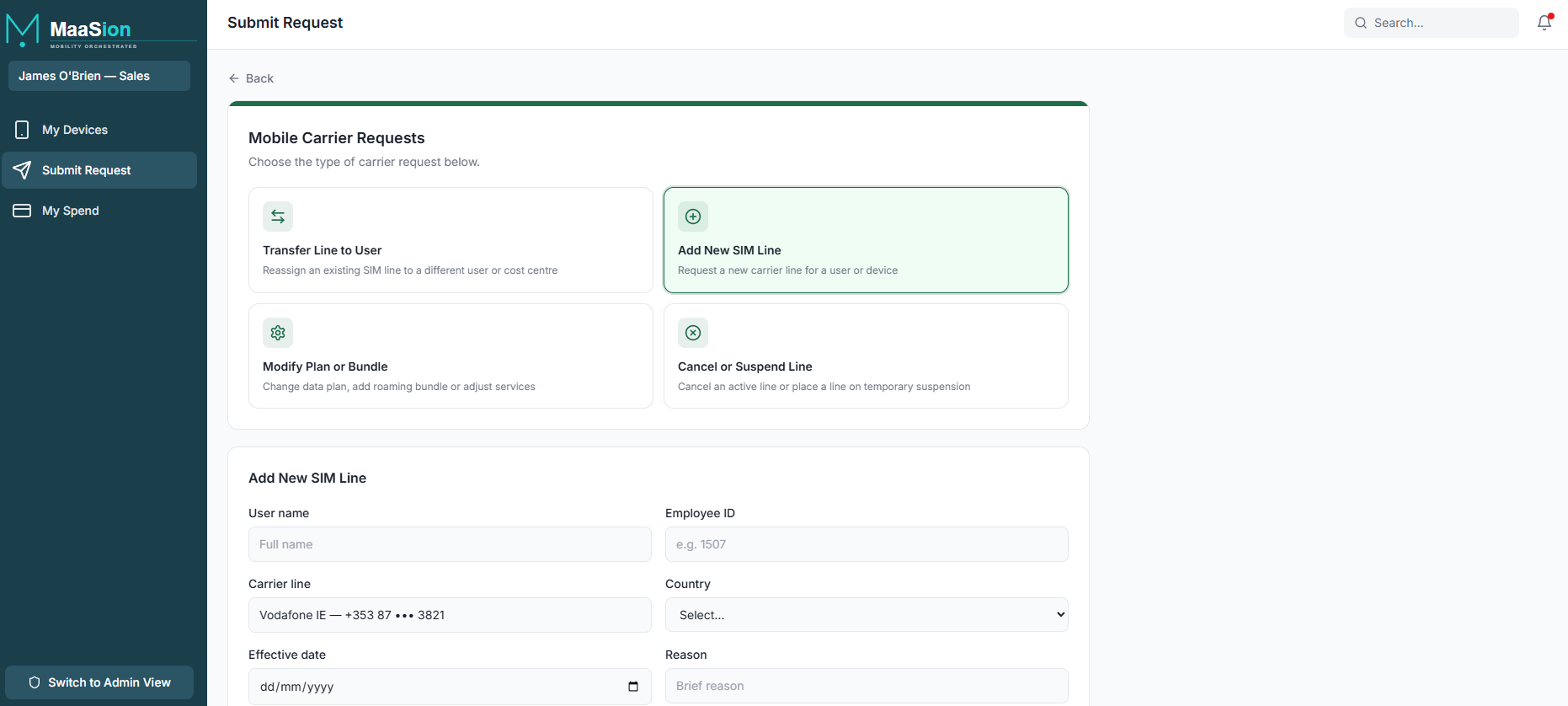 MaaSion Submit Request flow for IT leaders